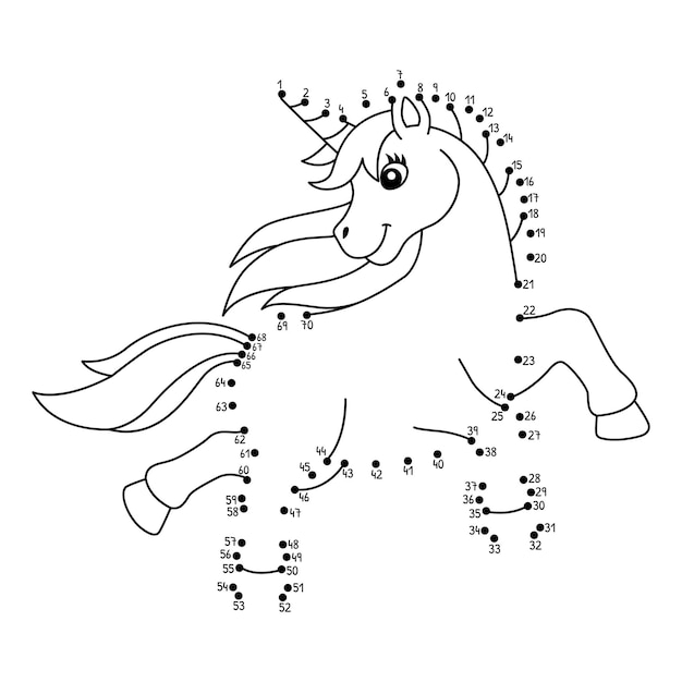 Página de colorear aislada que juega de punto a punto con unicornio