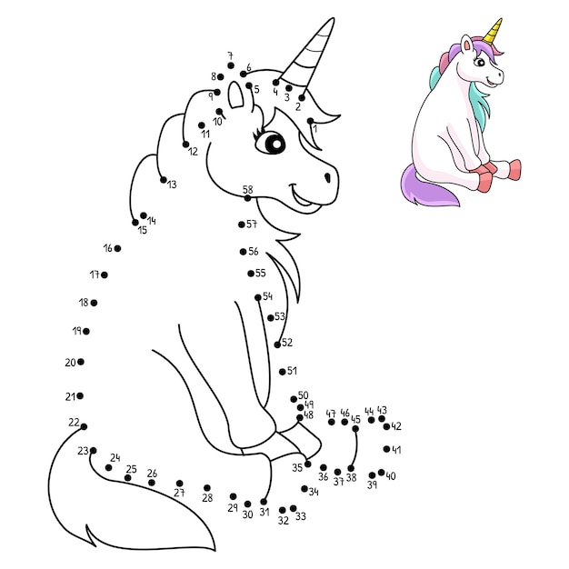 Página para colorear aislada de unicornio sentado punto a punto