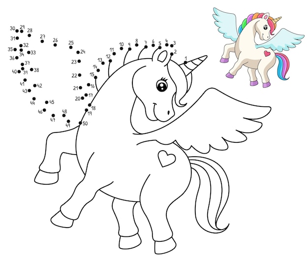 Página para colorear aislada de unicornio volador punto a punto