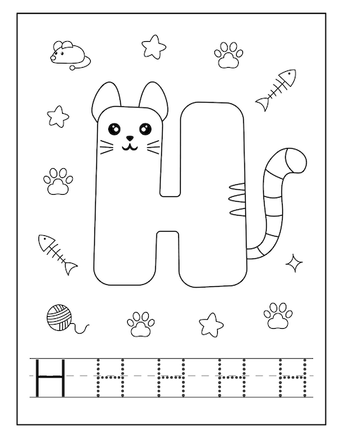 Vector página para colorear del alfabeto estilo gato para niños pequeños