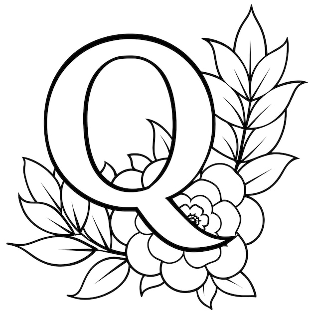 Página de colorear alfabeto Q con la flor letra Q contorno digital página de colorear floral ABC colorin