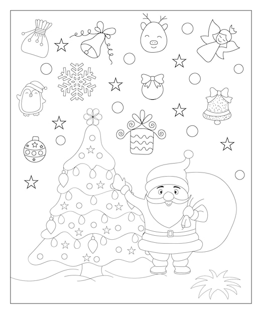 Página para colorear de un árbol de Navidad decorado con regalos Vector ilustración en blanco y negro sobre blanco