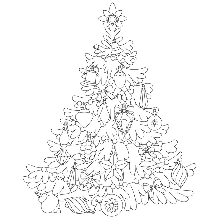 Vector página para colorear de un árbol de navidad decorado vector ilustración en blanco y negro
