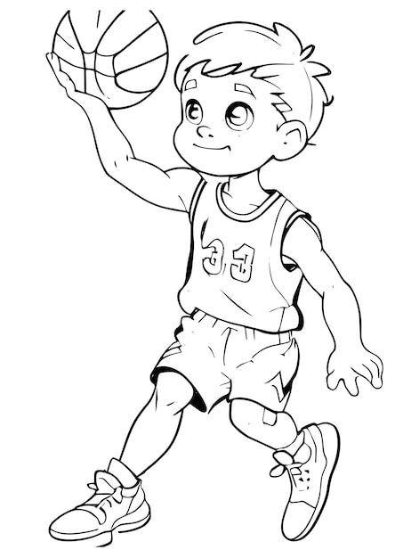 Vector página para colorear de aros y felicidad de un niño jugando baloncesto en estilo vectorial