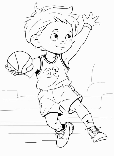 Página para colorear de aros y felicidad de un niño jugando baloncesto en estilo vectorial