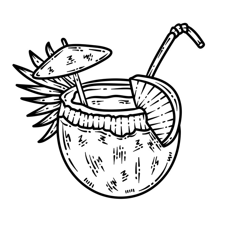Vector página para colorear de arte de línea de bebida de coco de verano