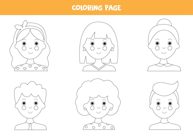 Página para colorear con avatares de personas de dibujos animados. retratos  en color de niñas y niños. | Vector Premium