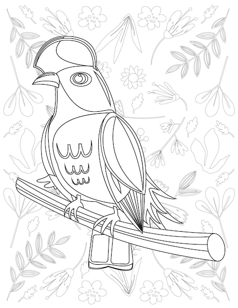 Página para colorear de aves, Vector de aves, Pájaro blanco y negro, Coloración de aves para niños