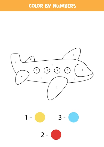 Página para colorear con avión de dibujos animados. colorea por números. juego de matemáticas para niños.