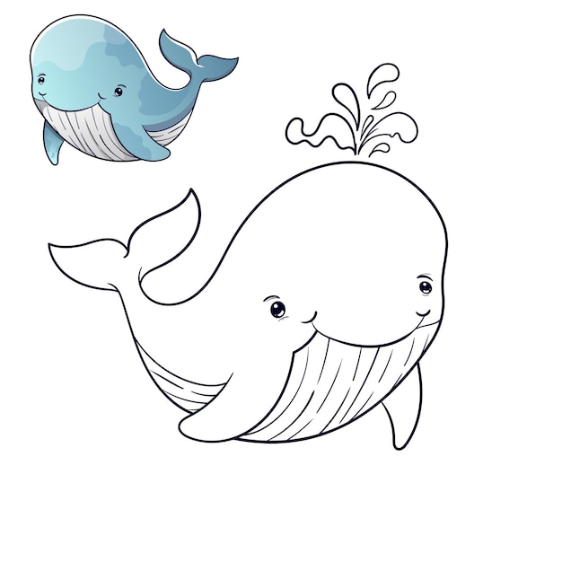 Página de colorear ballena Ilustración a color personaje de dibujos animados para niños colorear y libro de recortes
