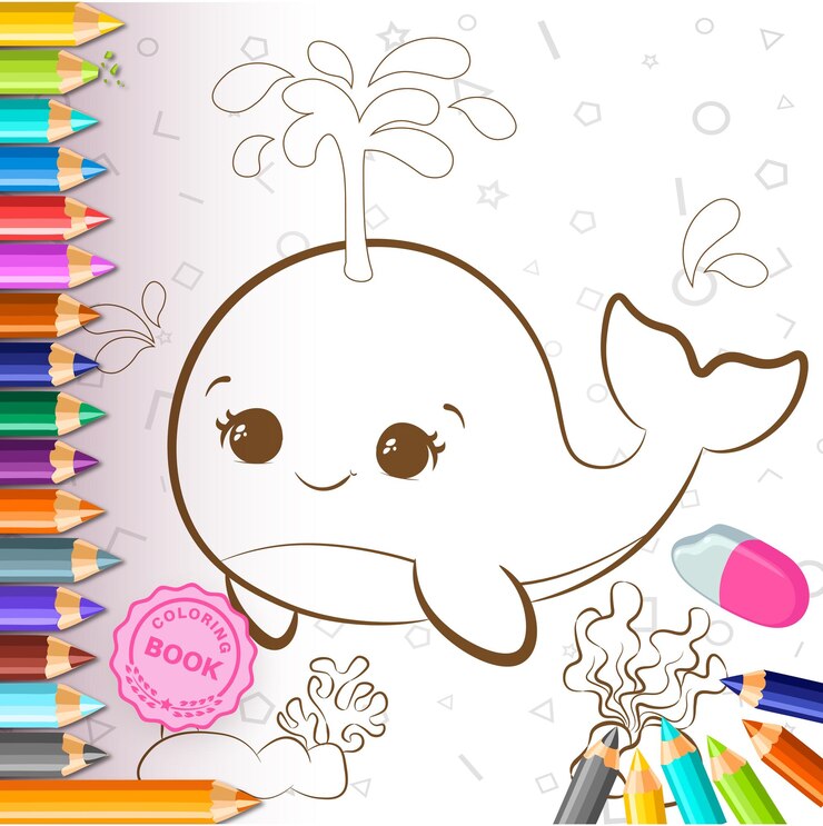 Página para colorear ballena linda y hojas de mar y piedras