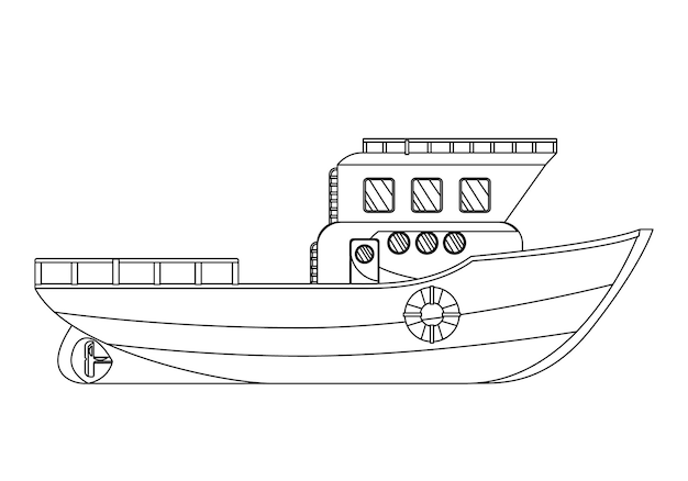 Página para colorear con barco para niños Ilustración de vector de dibujos animados de barco fresco