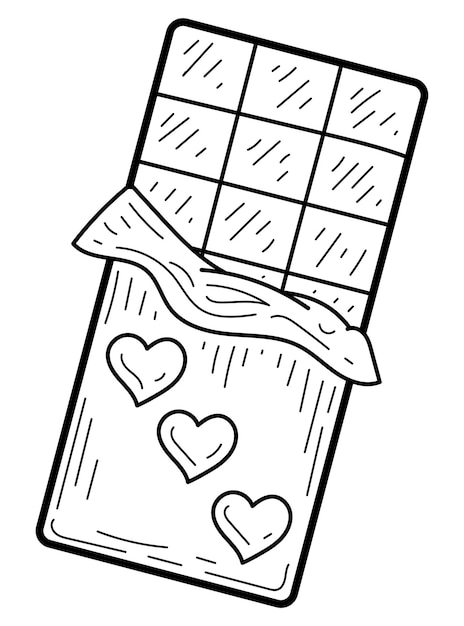 Página para colorear barra de chocolate con corazones garabateo postre de amor Ilustración vectorial dibujada a mano
