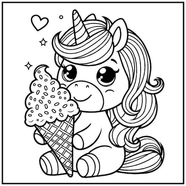 Vector una página para colorear de un bebé unicornio con un gran cono de helado