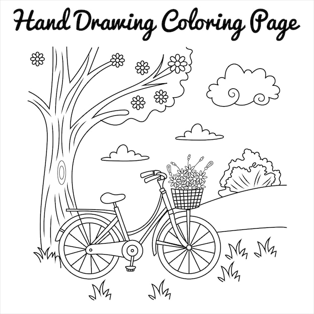 Página para colorear de bicicleta dibujada a mano con flores y elementos de la naturaleza