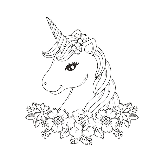 Página para colorear de cabeza de unicornio con corona de flores | Vector  Premium