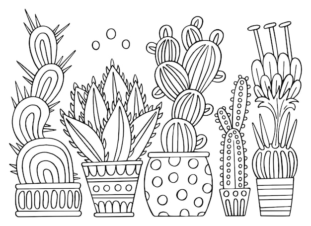 Vector página para colorear cactus de interior flores en macetas garabato plantas caseras línea dibujada a mano libro de colorear de arte