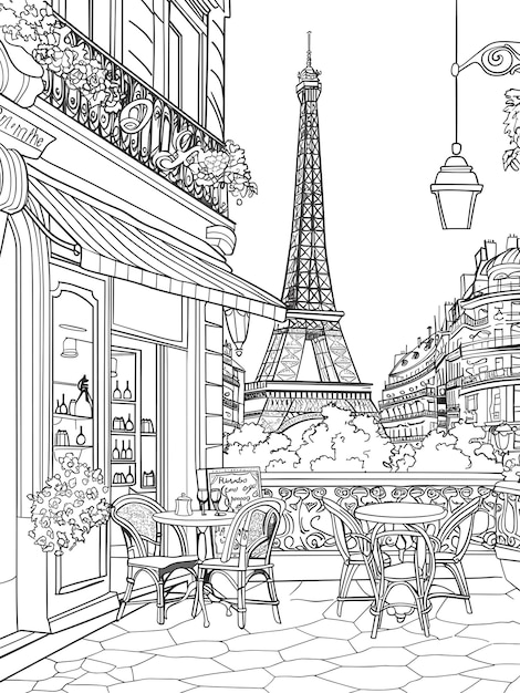 Página para colorear calle parisina con Torre Eiffel y cafetería