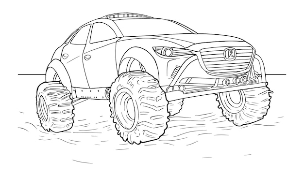 Página para colorear de camiones monstruo dibujados a mano para niños Un dibujo de un toyota trax con un 4wd en el frente