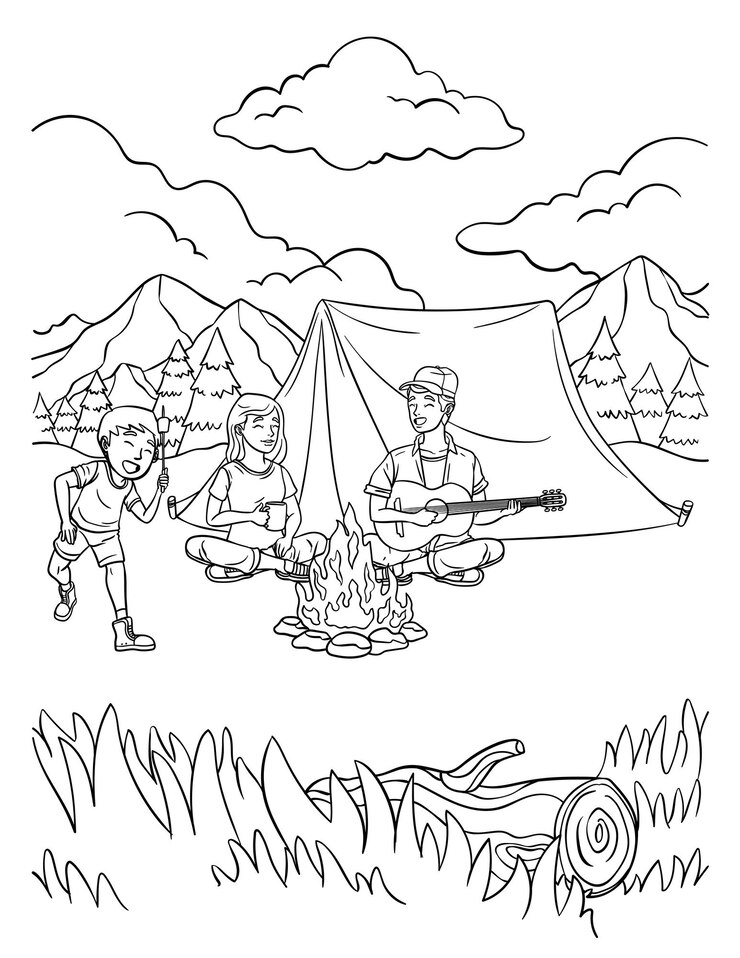 Vector página para colorear de camping para niños