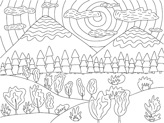 Página para colorear con campos de paisaje de montaña y árboles Paisaje vectorial en color blanco y negro con vista de montañas y campos