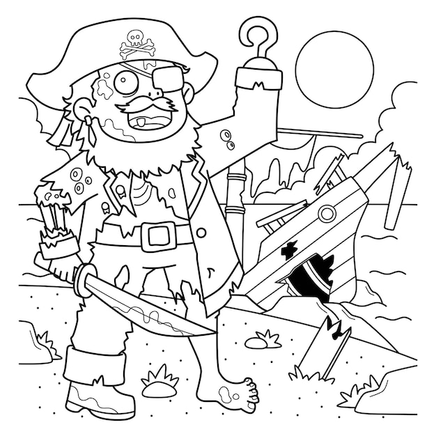 Vector página para colorear del capitán pirata zombie para niños