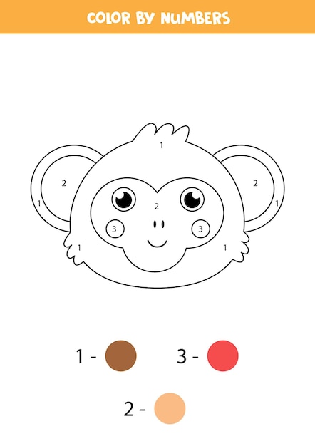Página para colorear con cara de mono lindo. Colorea por números. Juego de matemáticas para niños.