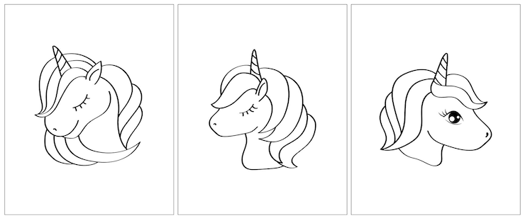 Vector página para colorear cara de unicornio. conjunto de 3 páginas para un libro para colorear.