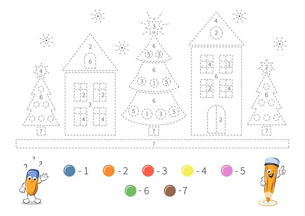 Página para colorear con casas y árboles de Navidad para niños Rastreando contornos color por número