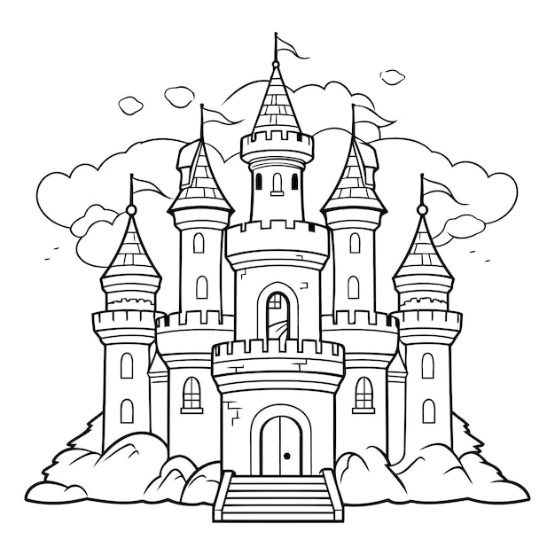 Vector página de colorear castillo de dibujos animados ilustración vectorial en blanco y negro para libro de colorear