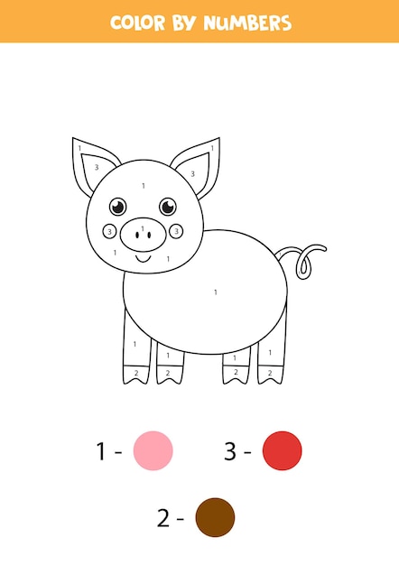 Página para colorear con cerdo de dibujos animados lindo color por números juego de matemáticas para niños