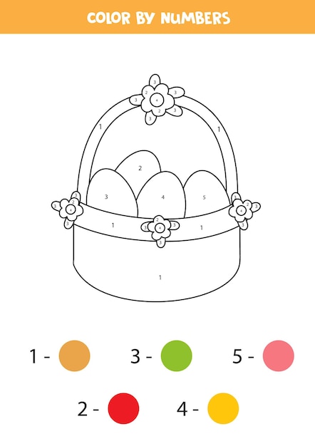 Página para colorear con cesta de Pascua de dibujos animados. Colorea por números. Juego de matemáticas para niños.