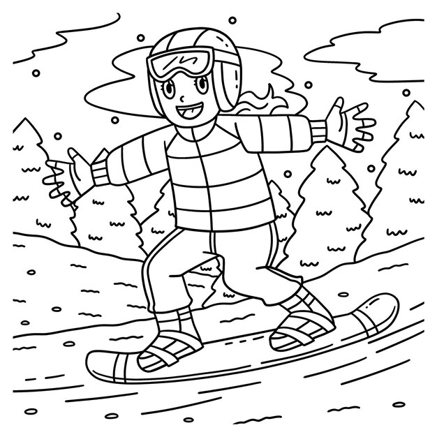 Página para colorear de chica que hace snowboard deslizándose para niños