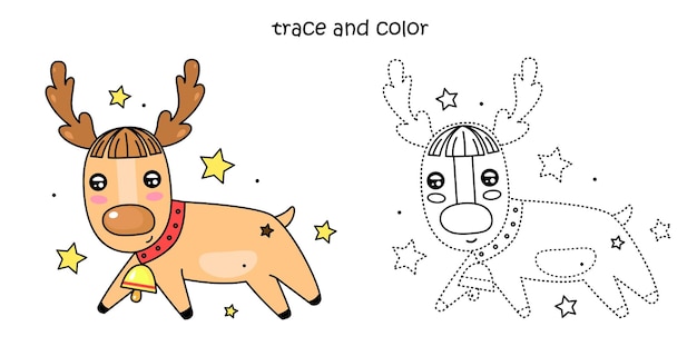 Página para colorear de ciervos de Navidad Ejercicio de dibujo de trazas y colores