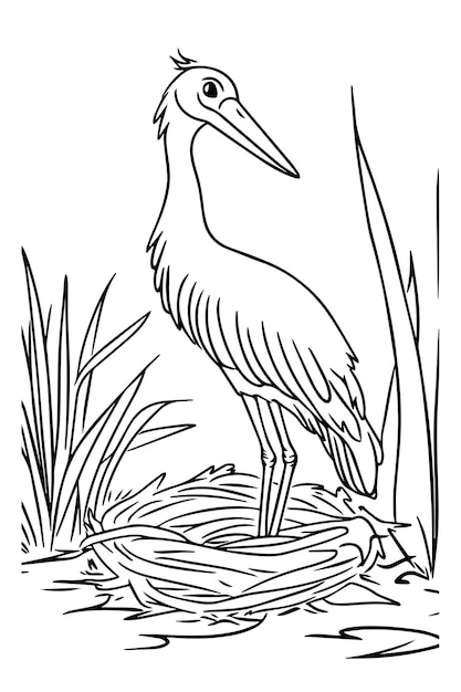 Página para colorear de cigüeñas en hábitat de humedales para libros para colorear o materiales educativos sobre aves