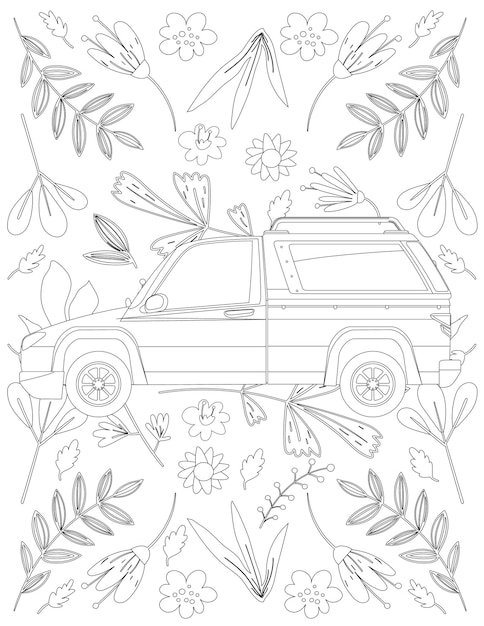 Página para colorear de coche, coche de dibujos animados, página para colorear de coche para niños