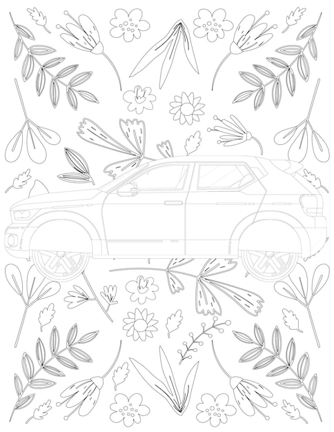 Vector página para colorear de coche, coche de dibujos animados, página para colorear de coche para niños