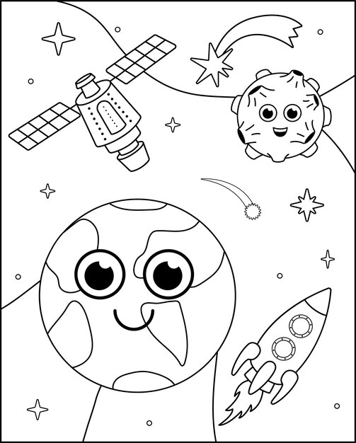 Página de colorear cohete satélite de la Tierra a la Luna Vector espacial en blanco y negro