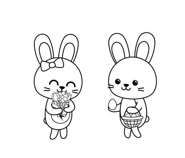 Página de colorear conejitos de Pascua con flores y huevos conejo blanco y negro vector