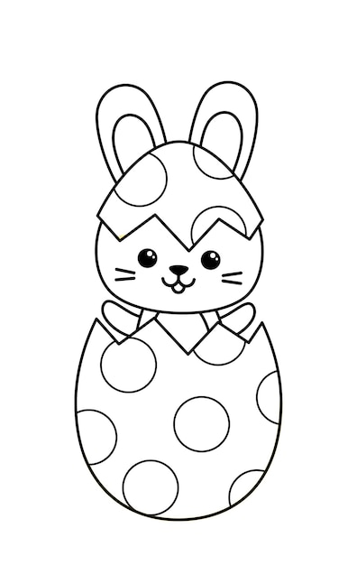 Página de colorear conejo eclosionando de huevo liebre negra y blanca en grandes puntos de polca huevo vector