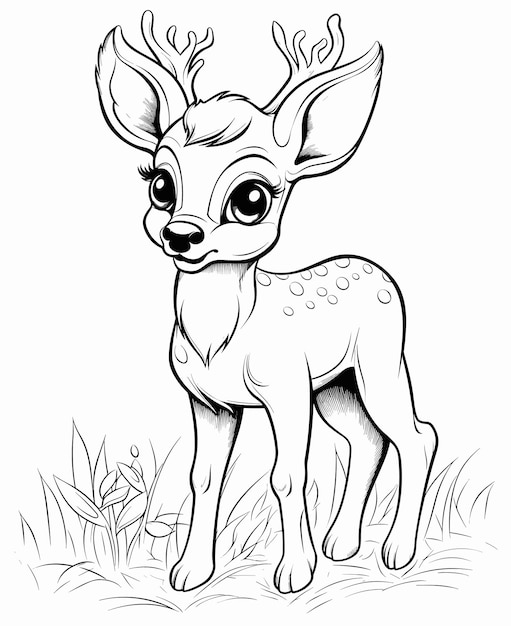 Página para colorear contorno de lindo ciervo pequeño cervatillo contorno animal vector blanco y negro