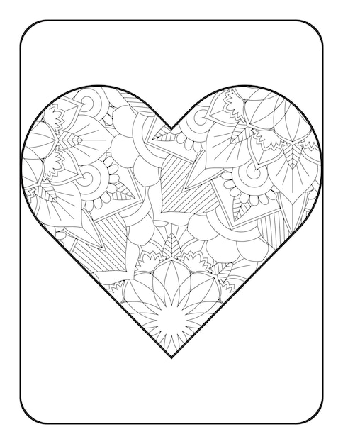 Página para colorear de corazón Forma de corazón con patrón de mandala floral Página para colorear para adultos