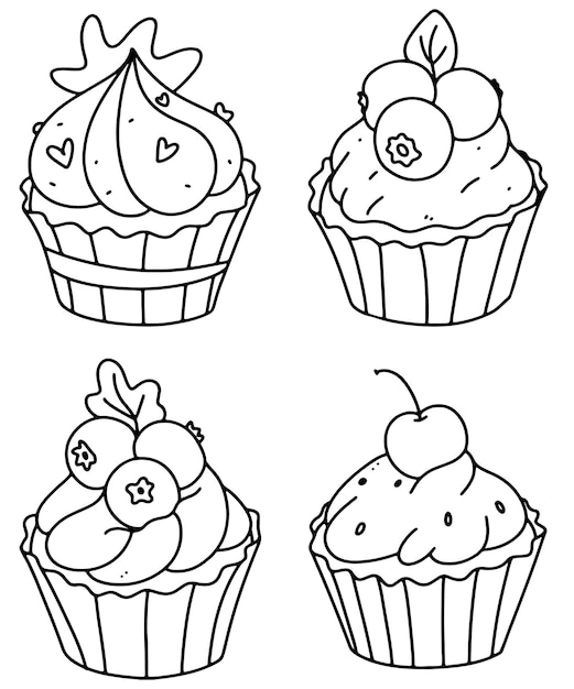 Página para colorear de cupcakes lindo. cupcake, set., contorno, garabato, vector, illustration., un, conjunto, de, muffins.