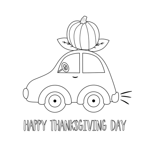 Página para colorear del día de acción de gracias libro para colorear de coche de calabaza para niños coche de dibujos animados en blanco y negro página de vector de cosecha de otoño para colorear contorno de ilustración de otoño fácil