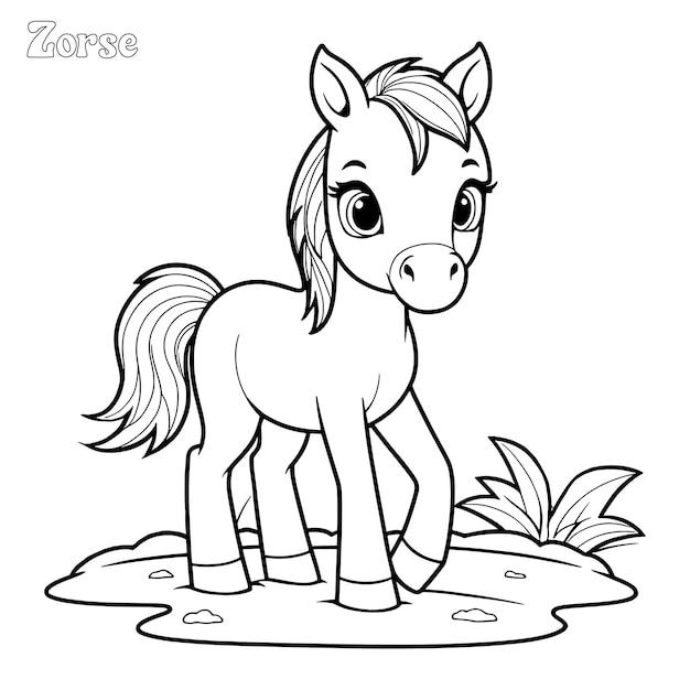 Vector página para colorear dibujada a mano por un caballo y diseño vectorial de contorno