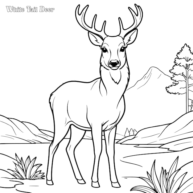 Página para colorear dibujada a mano por ciervos y diseño vectorial de contornos