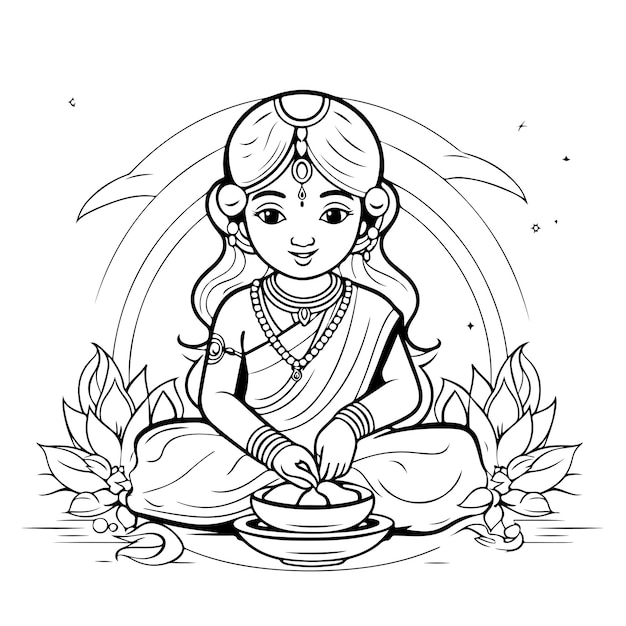 Vector página para colorear dibujo lineal día de krishna janmashtami