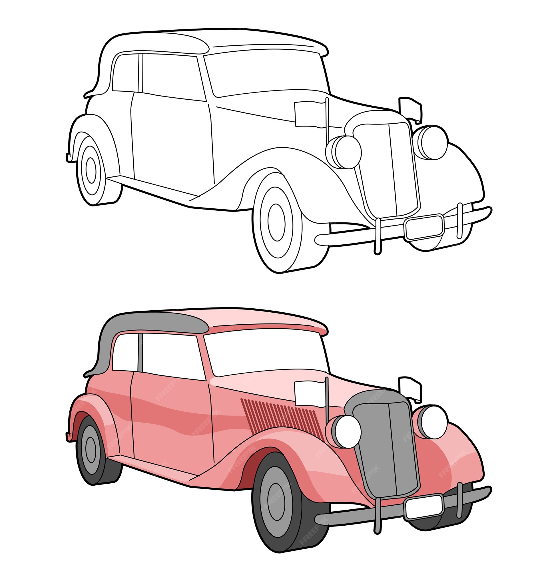 Página para colorear de dibujos animados de coches antiguos para niños |  Vector Premium