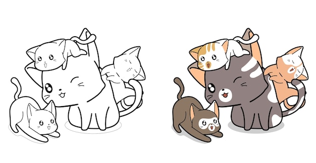Página para colorear de dibujos animados de gatos familiares para niños