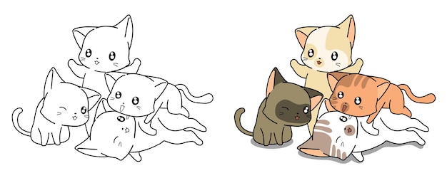 Página para colorear de dibujos animados de gatos kawaii para niños